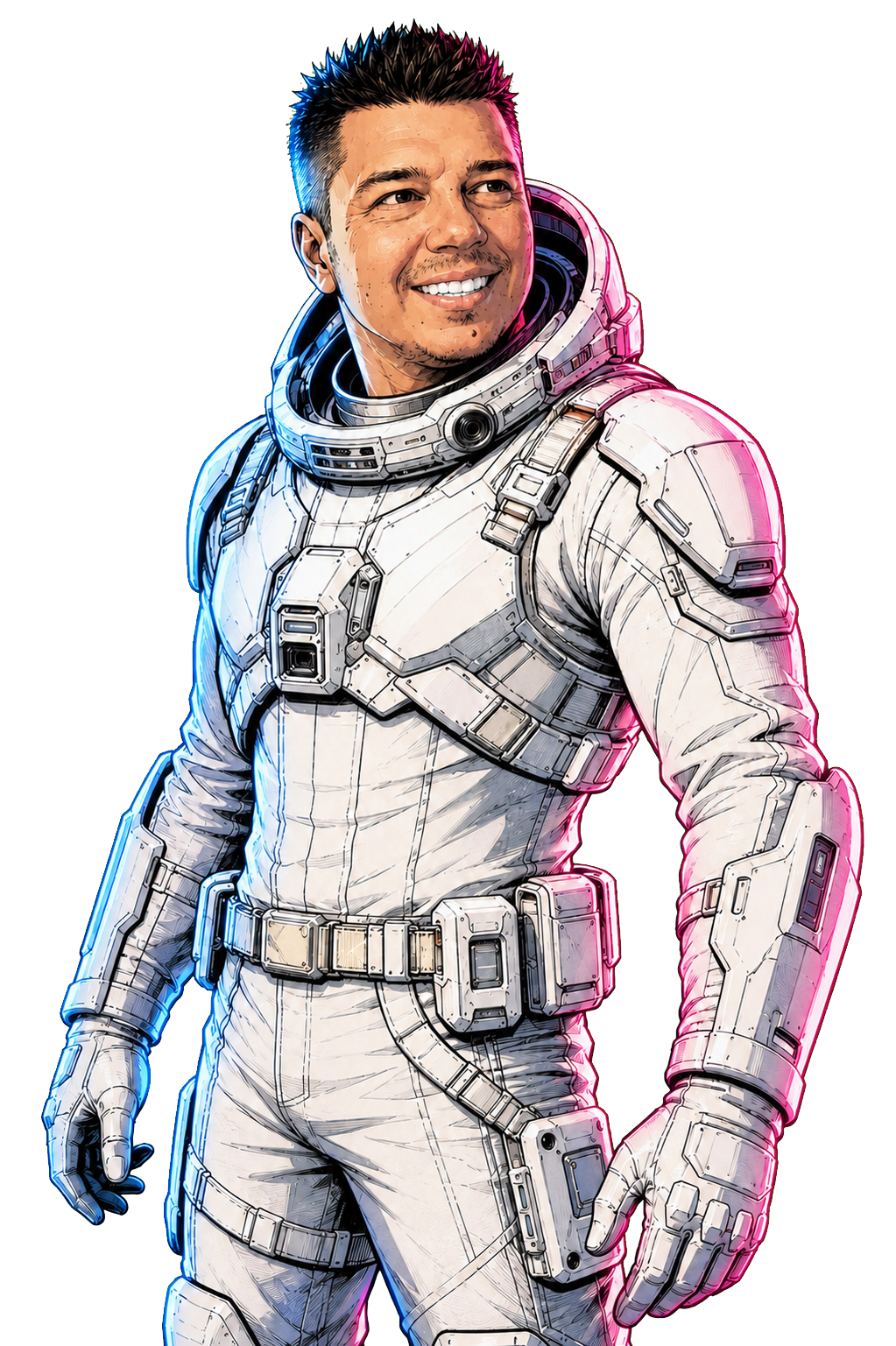 Comic-style portrait of Blake Poisso in a futuristic space suit