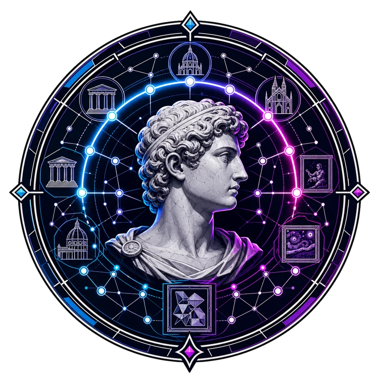 Art History Atlas cyberpunk emblem with a classical bust, timeline, artworks, and connected influence nodes