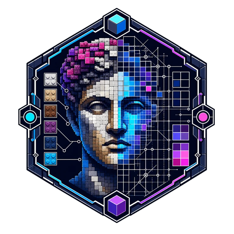 Brick Mosaic Studio cyberpunk emblem combining a brick portrait, pixel grid, color mapping, and blueprint lines