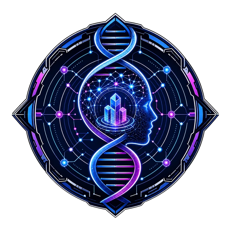 VitaMemoria cyberpunk emblem combining DNA, a human neural profile, memory storage, and archive rings