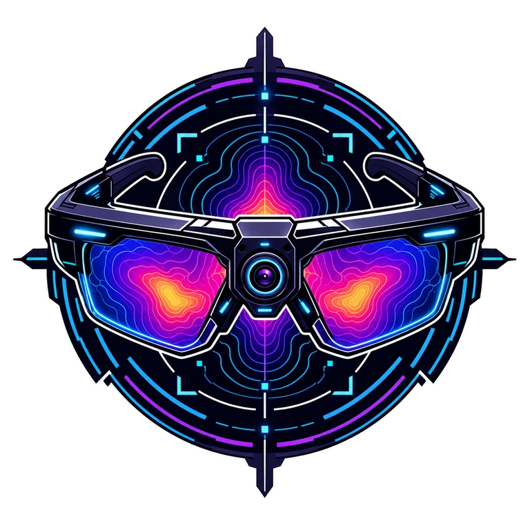 VR Appraise cyberpunk emblem with smart glasses, a camera, thermal contours, and an AI scanning reticle